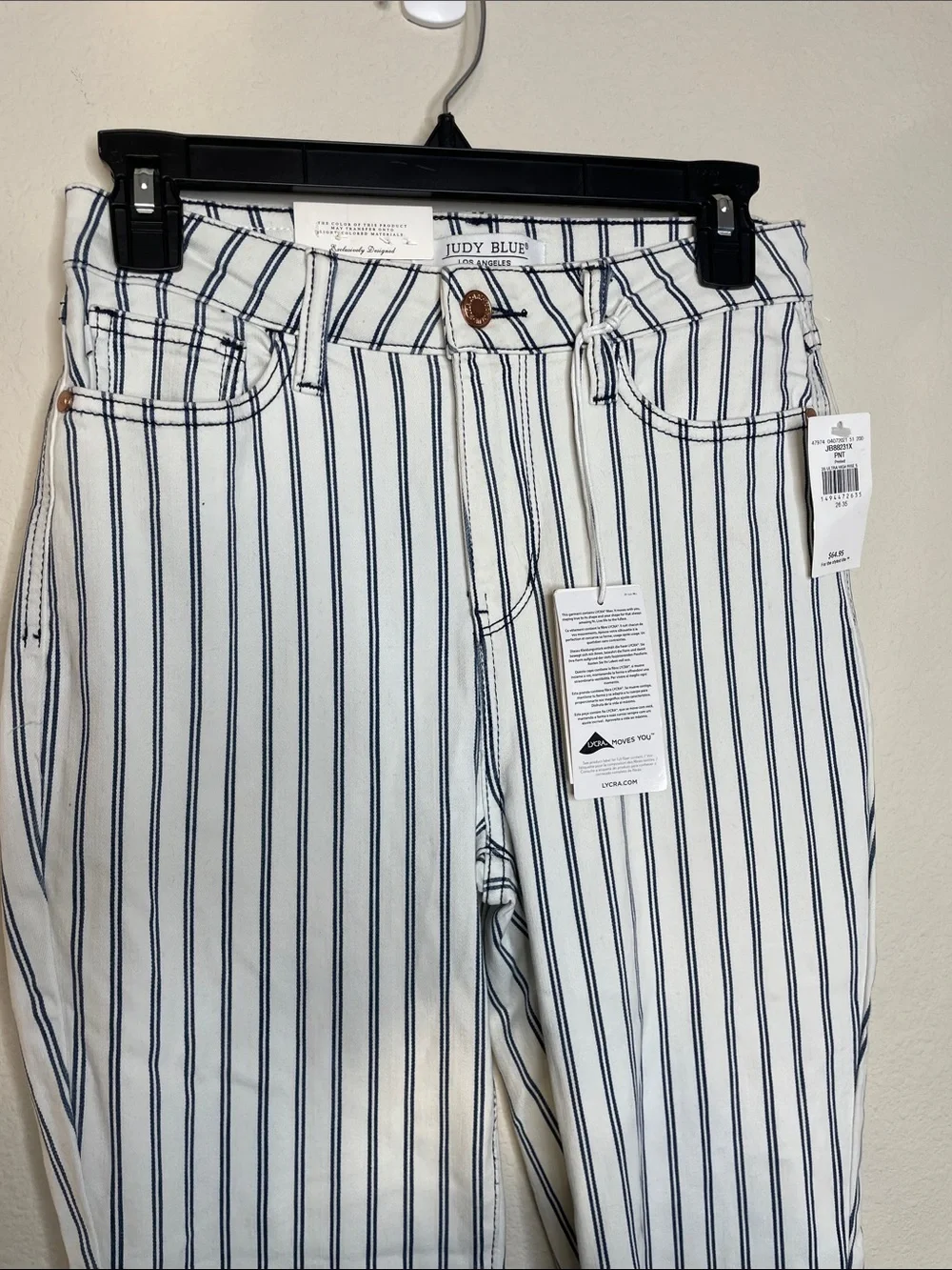 Judy Blue | High Rise Navy Pinstripe Flare Jeans Raw Hem Boho Western Size 26
